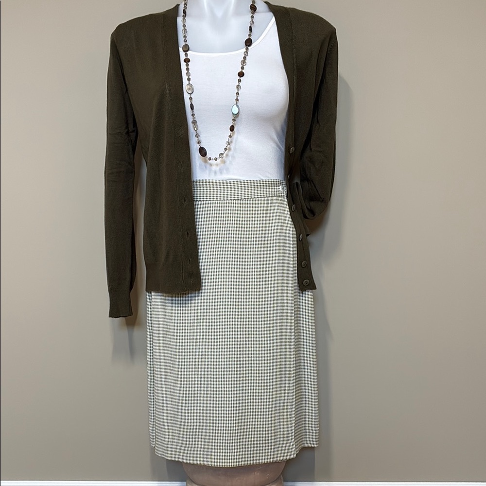 Gingham Midi Wrap Skirt; Vintage Light Olive Green & White, Lined, Size 2; EUC - Picture 2 of 10